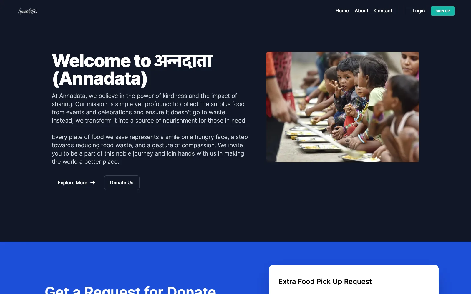 Annadata landing page introducing the food waste initiative with a photo of children sharing a meal
