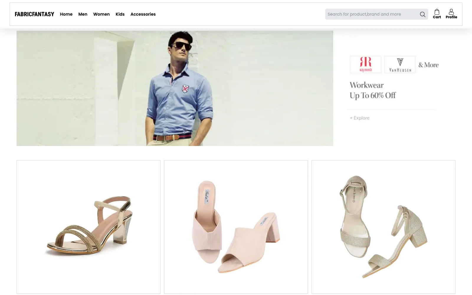 Home page of the FabricFantasy e-commerce website showing a workwear banner and a row of footwear products