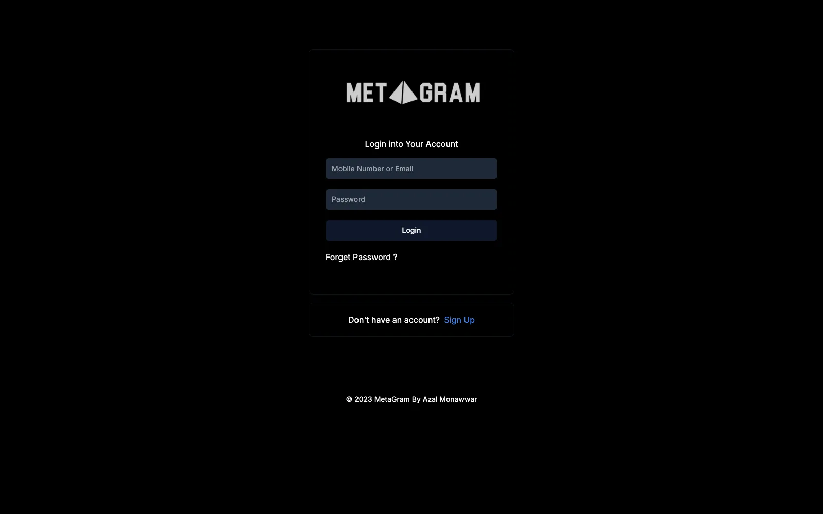 Metagram login screen with the Metagram wordmark and email and password fields